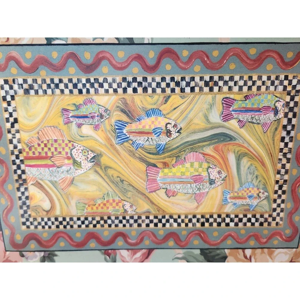 Set of 5 Mackenzie Childs Cork Placemats 3 Courtly Check Fish 2 Roses Floral